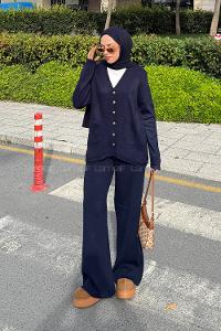 Navy Blue V Neck Long Arm Acrylic Cotton Fabric Regular Trousers Suit