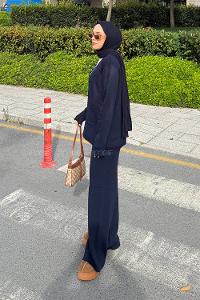 Navy Blue V Neck Long Arm Acrylic Cotton Fabric Regular Trousers Suit