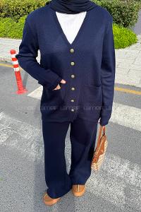 Navy Blue V Neck Long Arm Acrylic Cotton Fabric Regular Trousers Suit