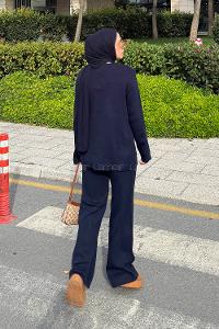 Navy Blue V Neck Long Arm Acrylic Cotton Fabric Regular Trousers Suit