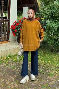 Lamelif Çizgili Triko Kazak Camel