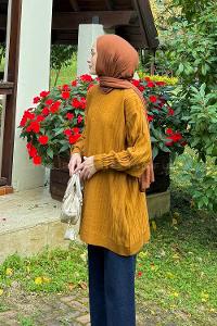 Lamelif Çizgili Triko Kazak Camel