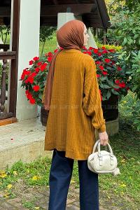 Lamelif Çizgili Triko Kazak Camel