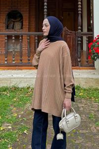 Lamelif Çizgili Triko Kazak Sütlü Kahve