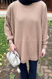 Lamelif Çizgili Triko Kazak Sütlü Kahve