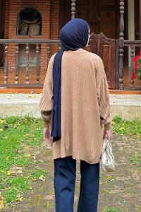 Lamelif Çizgili Triko Kazak Sütlü Kahve