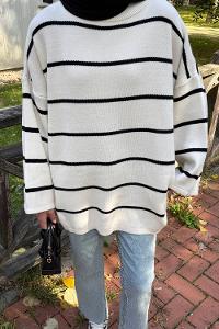 Lamelif Çizgili Uzun Kazak Bej