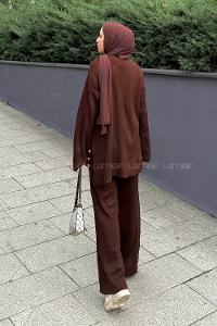 Lamelif Düğme Detaylı Triko Takım Acı Kahve