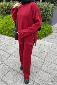 Lamelif Düğme Detaylı Triko Takım Bordo