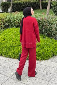 Lamelif Düğme Detaylı Triko Takım Bordo