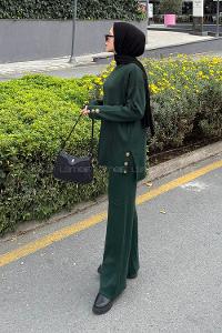 Lamelif Düğme Detaylı Triko Takım Zümrüt