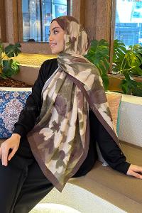 Lamelif Flora Garden Desen Bambu Şal Asker Yeşili Kahverengi