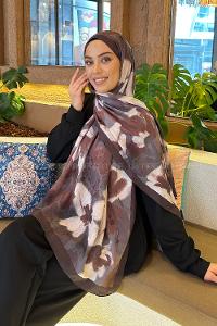 Lamelif Flora Garden Desen Bambu Şal Çikolata Kahve