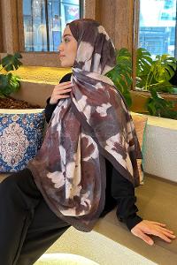 Lamelif Flora Garden Desen Bambu Şal Çikolata Kahve