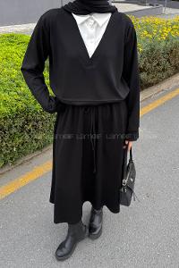 Lamelif Garni Yaka Etekli Takım Siyah