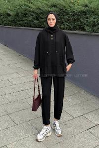 Black Hood Neck Long Arm Cotton Regular Trousers Comfortable Suit