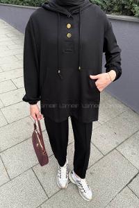 Black Hood Neck Long Arm Cotton Regular Trousers Comfortable Suit