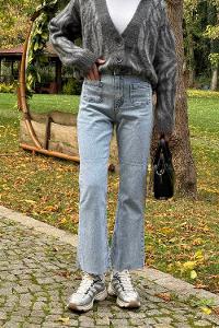 Ice Blue Cotton Denim Elastan High Waist Denim Pants