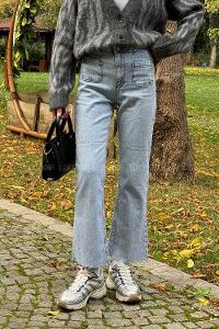 Ice Blue Cotton Denim Elastan High Waist Denim Pants