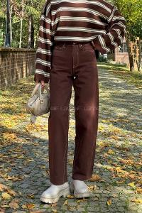 Bitter Brown Cotton Denim High Waist Denim Pants
