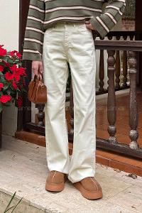 Lamelif Kesik Paça Fit Jean Krem