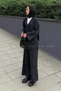 Lamelif Kimonolu Kot Tesettür Takım Füme