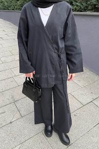 Lamelif Kimonolu Kot Tesettür Takım Füme