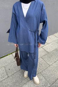 Lamelif Kimonolu Kot Tesettür Takım Kot Mavisi