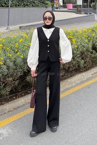 Lamelif V Yaka Yelekl Takım Siyah