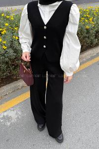 Lamelif V Yaka Yelekl Takım Siyah