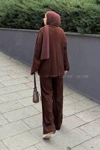 Lamelif Yaka Detay İkili Tesettür Takım Acı Kahve