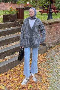 Gray V Neck Long Arm Acrylic Cotton Fabric Cardigan