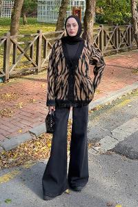 Black V Neck Long Arm Acrylic Cotton Fabric Cardigan