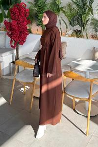 Lamelif Bağlama Detaylı Robalı Elbise Acı Kahve
