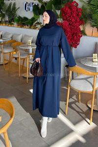 Lamelif Bağlama Detaylı Robalı Elbise Lacivert