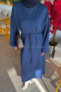 Lamelif Bağlama Detaylı Robalı Elbise Lacivert