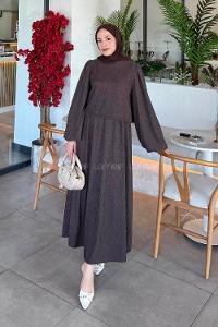 Lamelif Balon Kol Krinkıl Etek Tesettür Takım Acı Kahve