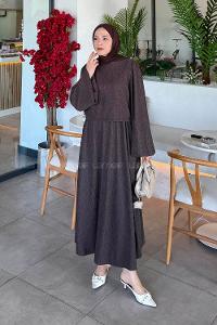 Lamelif Balon Kol Krinkıl Etek Tesettür Takım Acı Kahve