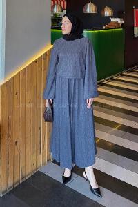 Lamelif Balon Kol Krinkıl Etek Tesettür Takım Antrasit