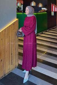 Lamelif Balon Kol Krinkıl Etek Tesettür Takım Bordo