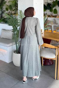 Lamelif Balon Kol Krinkıl Etek Tesettür Takım Haki