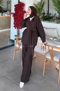 Lamelif Balon Kol Pantolonlu Takım Acı Kahve