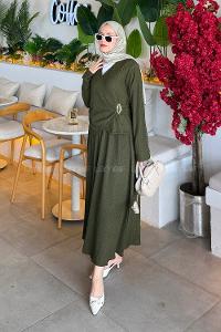 Lamelif Broş Detaylı Etekli Takım Haki