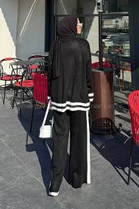 Lamelif Çizgili Pantolon Triko Tesettür Takım Siyah