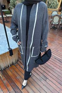 Gray V Neck Long Arm Acrylic Knitwear Cardigan
