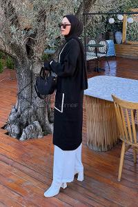 Lamelif Cep Detaylı Tesettür Hırka Siyah