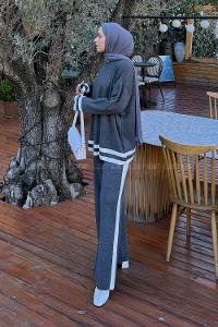 Lamelif Çizgili Pantolon Triko Tesettür Takım Antrasit