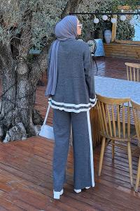 Lamelif Çizgili Pantolon Triko Tesettür Takım Antrasit