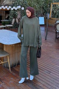 Khaki Crew Neck Long Arm Without Accessories Knitwear Regular Trousers Comfortable Suit