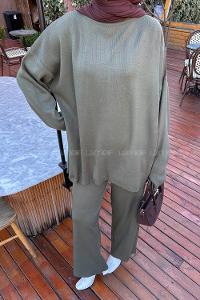 Khaki Crew Neck Long Arm Without Accessories Knitwear Regular Trousers Comfortable Suit
